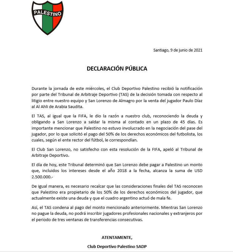 CDPalestinoSADP's tweet photo. Declaración Pública del club ante el fallo del TAS por el litigio entre Palestino y San Lorenzo de Almagro. https://t.co/lujn3oDxes