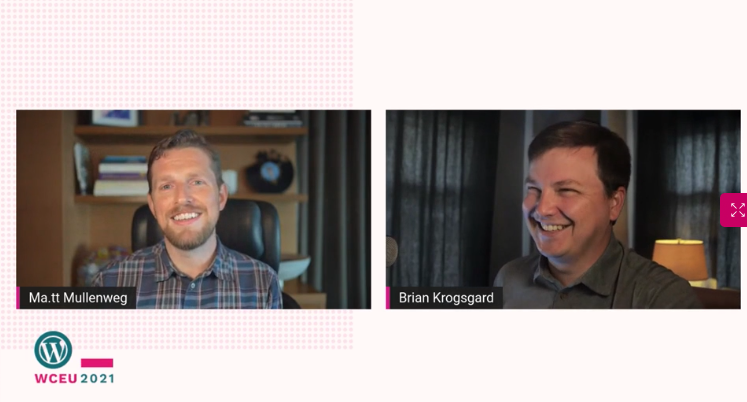 WCEurope's tweet photo. Thank you @Krogsgard for interviewing @photomatt Great conversation and insights. Wow... #WCEU2021 #WCEU https://t.co/zatLUb8QPJ