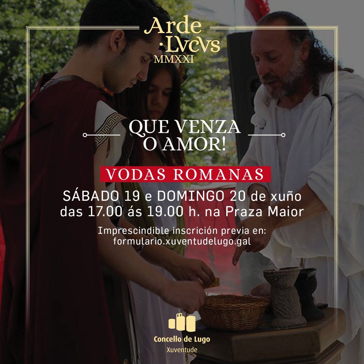 ardelucus's tweet photo. 💘 QUE VENZA O AMOR 💘
Queres casar no #ArdeLvcvs e vivir esta experiencia tan mística? 

🏹 VODAS CELTAS: 
📋❗ Inscrición: vodasceltas@xuventudelugo.gal

🏹 VODAS ROMANAS: 
📋❗ Inscrición: https://t.co/JGzOCdsm03

🔥 #AvivandoAChama 🔥 https://t.co/e1u9STXAZc