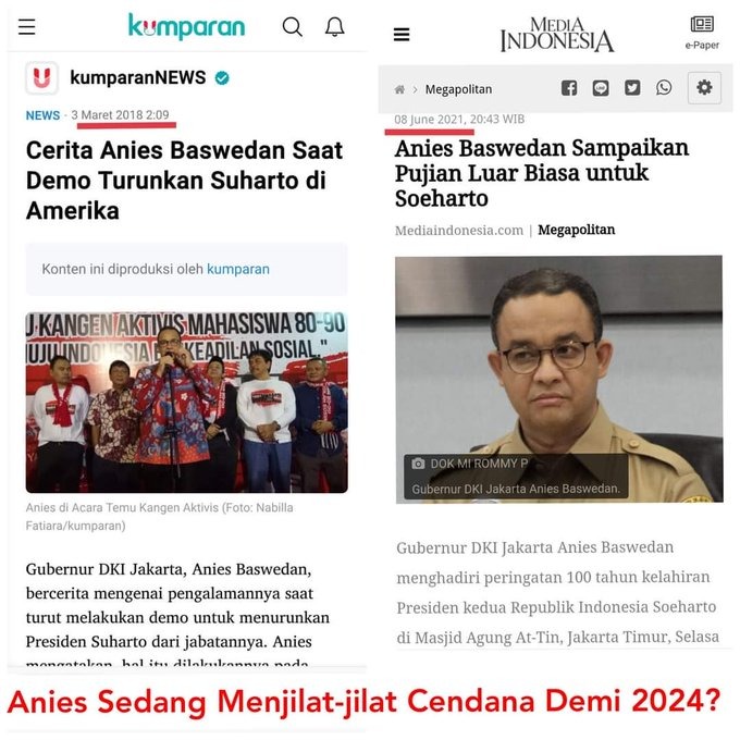 ariefrasyad's tweet photo. Anies ini oportunis sejati ini, dikala menjadi menentang ORBA menguntungkan dia, dia berlagak paling berjasa gulingkan Soeharto, dan dikala dia akan butuh backup keluarga cendana dia pun gak malu buat muji Soeharto setinggi langit, jujur......eneg gak loe liat dia?? RT kalo iya! https://t.co/GjrV0zfeK6