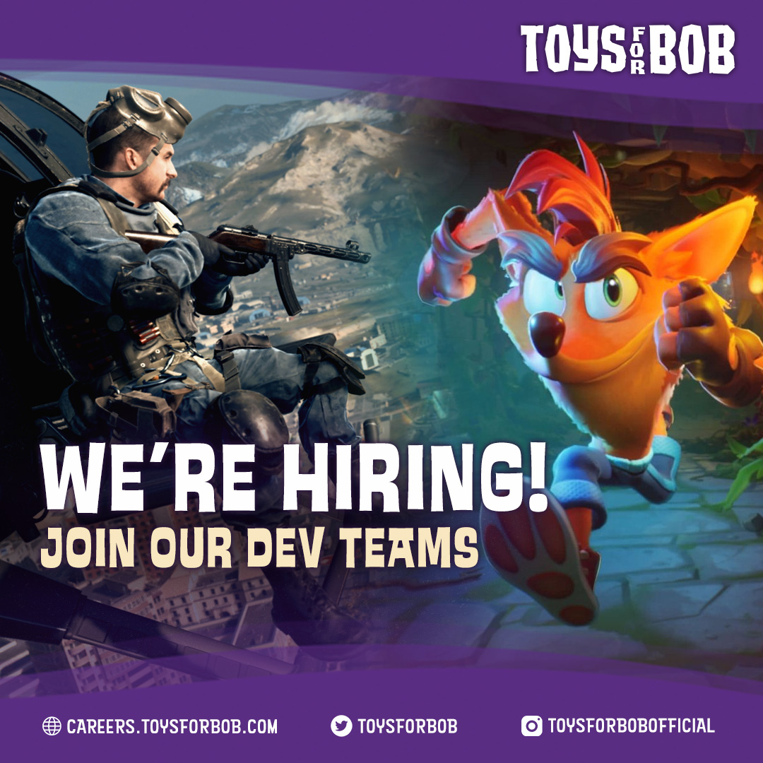 ToysForBob's tweet photo. Are you a talented #Engineer, #Animator or #LightingArtist looking for your next career move in #GameDevelopment? Join us and develop games like #Warzone and #Crash4 ✨ https://t.co/m1fKECmVJA https://t.co/qiu8w18Z5f