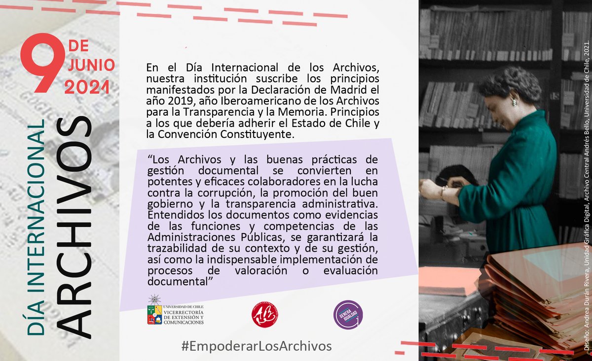 Archivo_Bello's tweet image. #EmpoderarLosArchivos ⚡️ En el #DíaInternacionalDeLosArchivos suscribimos los principios manifestados por la Declaración de Madrid (2019), a los cuales debería adherir el Estado de Chile y la Convención Constituyente. 

Sigue el🧵1/3