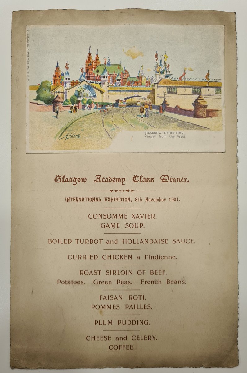 TGAArchive's tweet image. For #InternationalArchivesDay one of today's themes is #SomethingColourful 
This lovely illustration of the 1901 International Exhibition in Glasgow. Menu card from the @GlasgowAcademy class dinner in Nov of that year. Thinking this also ticks the #somethingfun box?!
#IAW2021