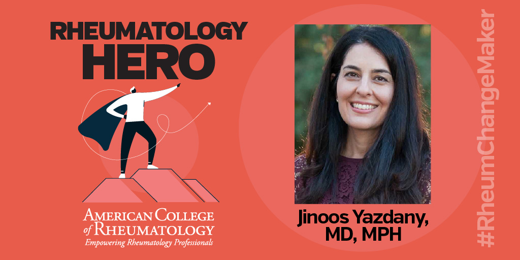 ACRheum's tweet image. The ACR salutes Jinoos Yazdany, MD, MPH, with @ZSFGCare for her leadership in the development &amp;amp; implementation of the @rheum_covid COVID-19 Rheumatology Registry → acr.tw/34eLpZ6 #RheumChangeMaker