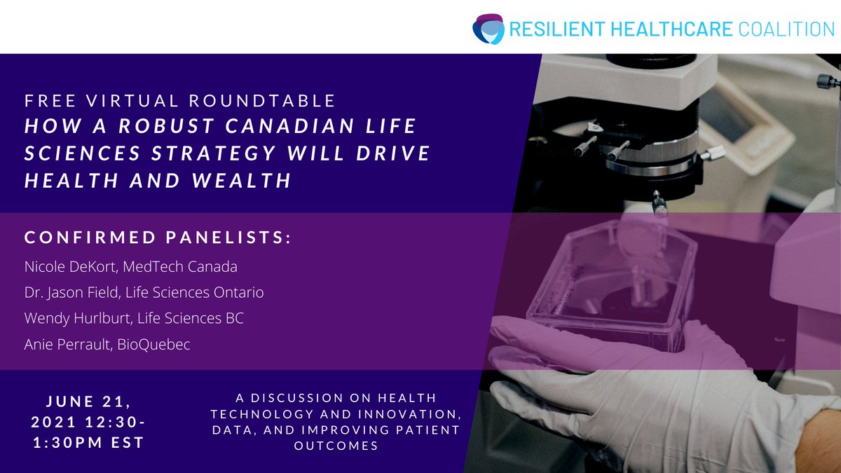 rh_coalition's tweet photo. Our virtual roundtable on June 21st will feature Nicole DeKort @Medtech_Canada, Dr. Jason Field @LifeSciencesON, Wendy Hurlburt @lifesciences_bc and Anie Perrault @BIO_Qc. Open remarks by Perrin Beatty @CdnChamberofCom. Get your ticket now! https://t.co/SimPDUoFO4 https://t.co/WeVFuLQVmJ