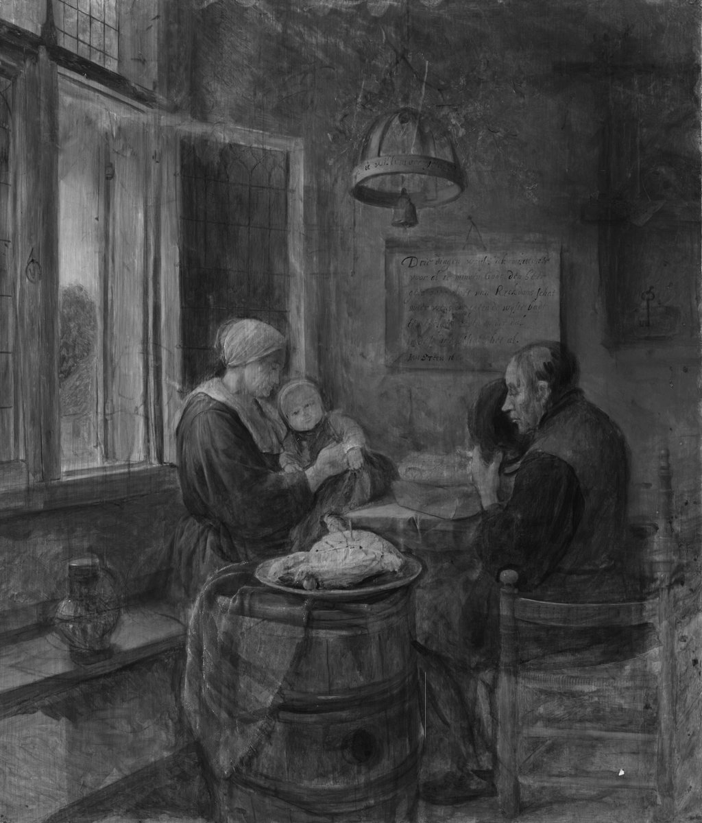 Leiden_Collectn's tweet photo. IRR photography📷has revealed much about Jan Steen’s creative process. In this serene painting he initially included another figure: a young man in the background at the table. 🧐Explore this painting more and compare: https://t.co/NKjLQ0mvks #leidencollection #jansteen https://t.co/82Fv99Lxev