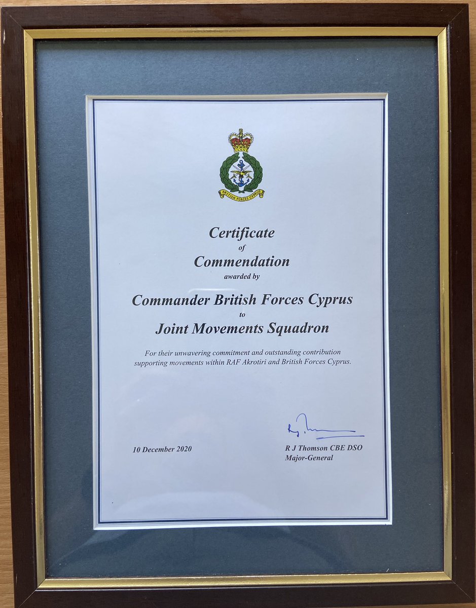 tomcousins1983's tweet photo. I’m incredibly proud to receive Cdr British Forces Cyprus��� Commendation on behalf of @RAFAkrotiri’s Joint Movements Squadron, recognizing the great work of the whole Sqn and those deployed with us from @1AirMobWing @4626Sqn @29_RLC Amazing support from all our families! @RAFMovs https://t.co/1LZlGvUQen