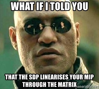 The past 6 weeks I've been diving into semi-definite programming. It's great fun and I have embraced the matrix view! Also inspired my first geeky meme for a company-internal presentation today 😁 #semidefinite #sdp #convexoptimisation #thisisor