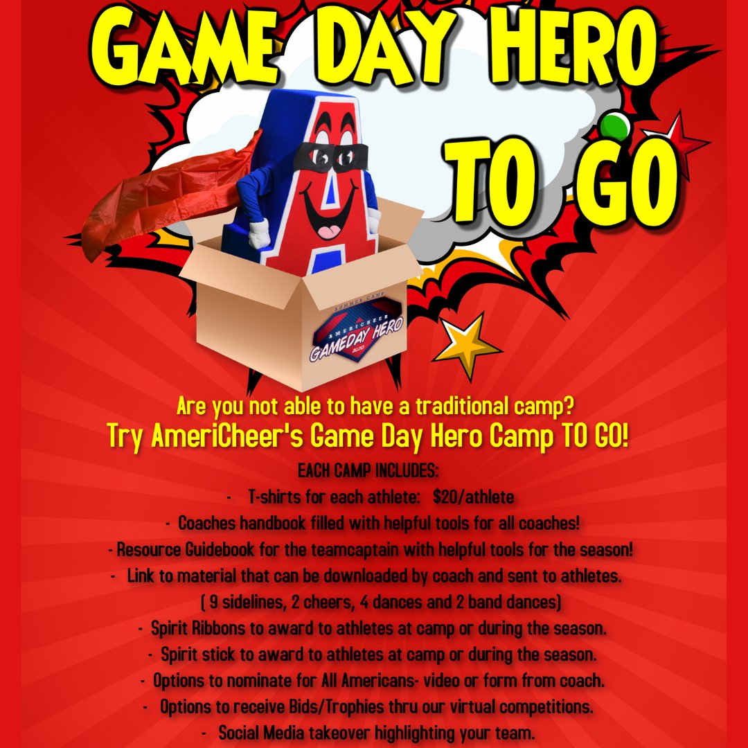 AmeriCheer87's tweet photo. Can't have a Traditional Camp this year? AmeriCheer has an option for you!   It's Game Day Hero To Go.  A Home camp in a box with a little extra!  Contact us for more information, 800-966-5867. #2021SummerCamps #CheerCamp #Cheerleading https://t.co/QF0pj5T2FT