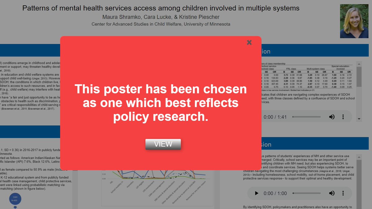 CASCW_MN's tweet image. In early April CASCW researchers presented their poster, &quot;Patterns of mental health services access among children involved in multiple systems&quot; at #SRCD2021, which was selected for the Strategic Plan Poster Award for Policy Research by a panel of reviewers.