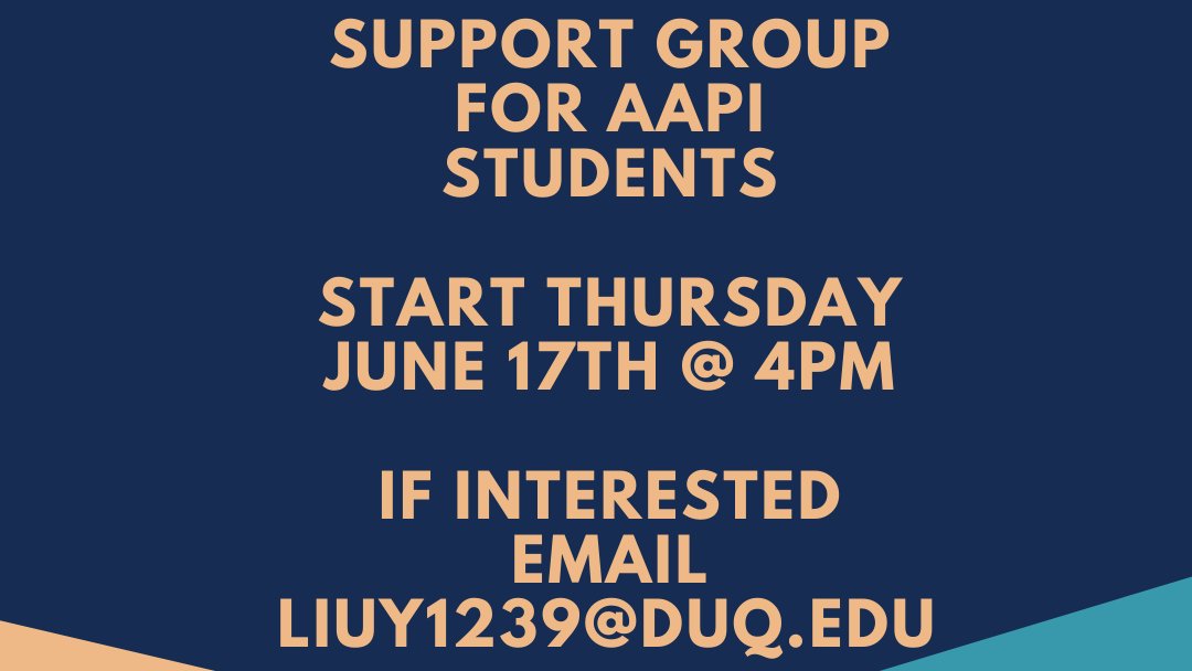 DuqWellbeing's tweet photo. New Virtual Summer Group!!
Support Group for AAPI Students
Starts Thursday June 17th at 4pm
Email Luiy1239@duq.edu if interested https://t.co/3bezX7danJ