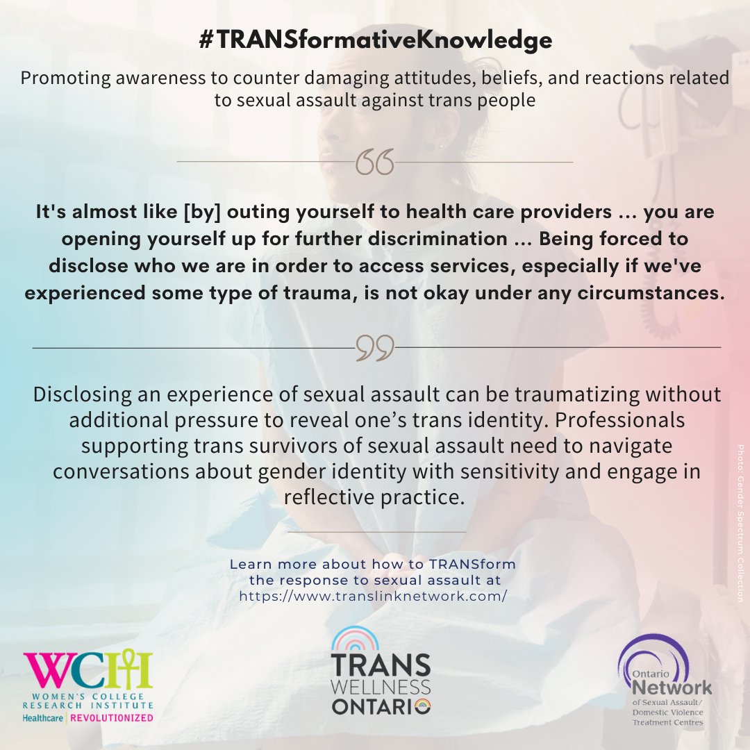 DrJaniceDuMont's tweet photo. Our NEW #TRANSformativeKnowledge campaign poster recognizes that for some trans survivors the “Treatment Is The Trauma"
Let's commit to improving the response to #SexualAssault by learning more about trans-affirming practice ➡️: https://t.co/enjCrIiwD2
#Pride2021
@UofT_dlsph https://t.co/Z8pOmlFKsr