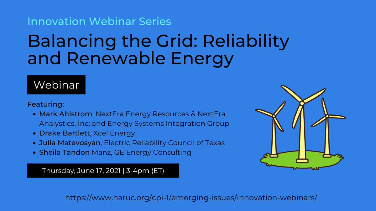 NARUC (@naruc) on Twitter photo Learn about how reliability planners are preparing for increasing levels of #renewable power generation during next week's webinar featuring <a href="/NextEraEnergyR/">NextEra Energy Res</a>, <a href="/EnergySystemsIG/">ESIG</a>, <a href="/xcelenergy/">Xcel Energy</a>, <a href="/ERCOT_ISO/">ERCOT</a> and <a href="/GE_Power/">GE Power</a>.
(6/17 at 3pm ET)
Register: bit.ly/3cukHQV Learn about how reliability planners are preparing for increasing levels of #renewable power generation during next week's webinar featuring <a href="/NextEraEnergyR/">NextEra Energy Res</a>, <a href="/EnergySystemsIG/">ESIG</a>, <a href="/xcelenergy/">Xcel Energy</a>, <a href="/ERCOT_ISO/">ERCOT</a> and <a href="/GE_Power/">GE Power</a>.
(6/17 at 3pm ET)
Register: bit.ly/3cukHQV