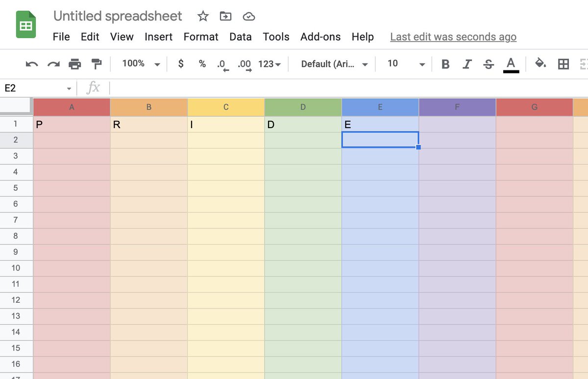 Stammy's tweet photo. just learned that if you type PRIDE across Google Sheet columns it does this: https://t.co/Lf7hfWJyP1