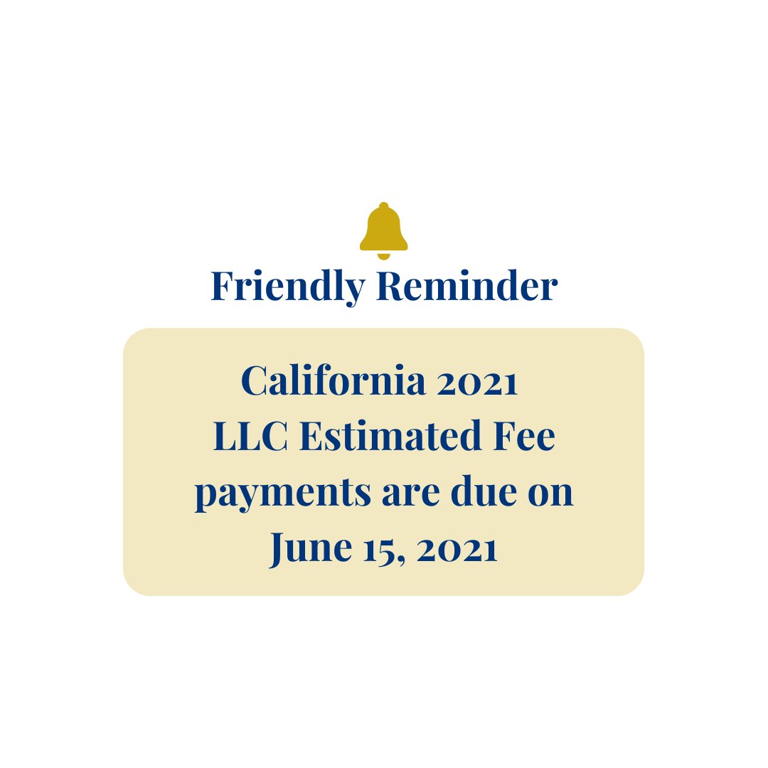 If you have a Limited Liability Company (LLC) in California and owe estimated tax fees for 2021, payment is due June 15, 2021.  Payment may be made online with the Franchise Tax Board.  
#tax #ftb #taxes