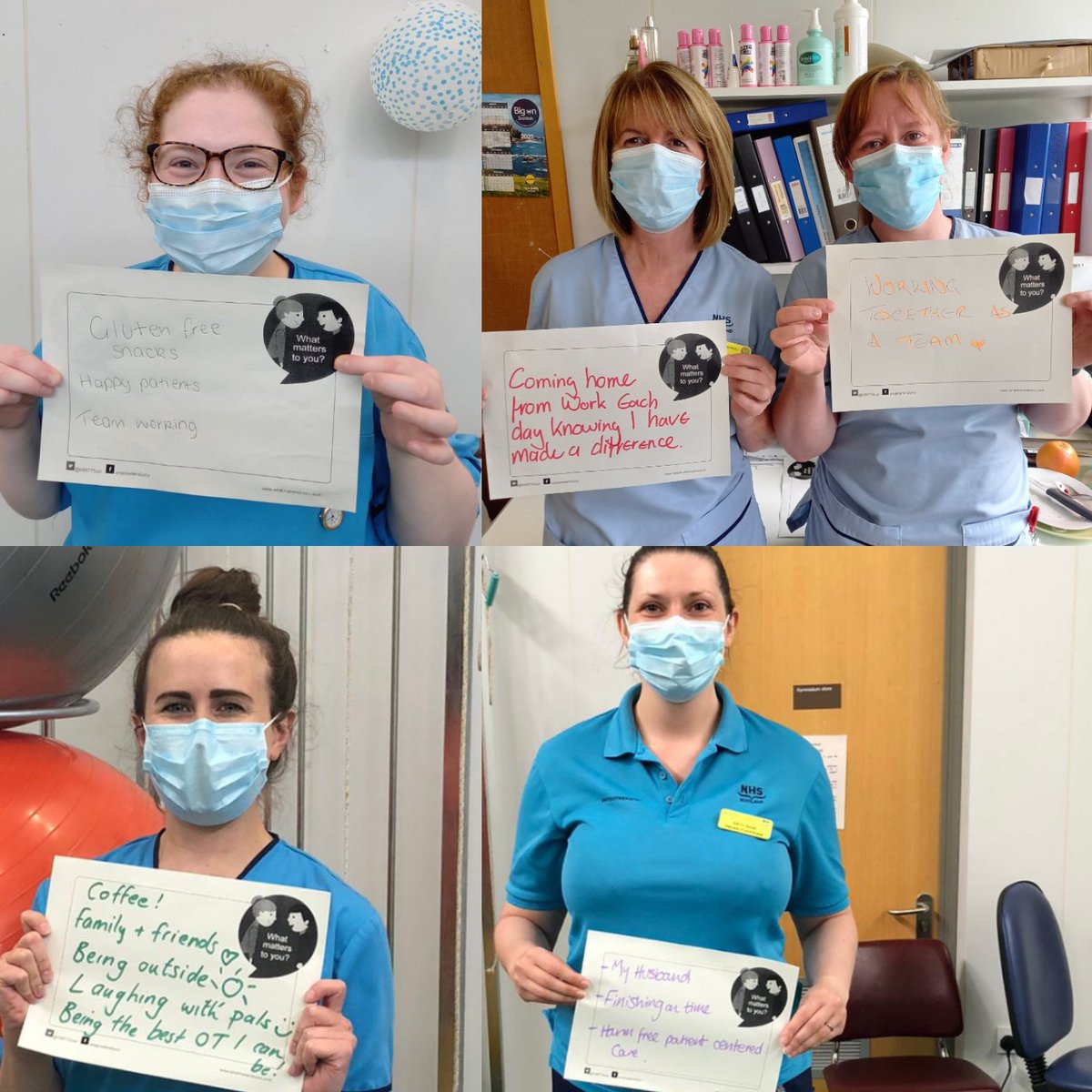 caldwellgmc's tweet photo. #WMTY2021 Mixture of patient and staff quotes from OT's, Physio's and Support Workers in Medical and Older People's Service, RAH. What matters to you? 
@NHSGGC @NHSGGCOTS @NHSGGCClydeAHP @findlay_joanne @PaulinaPhysio @letsallbuybees @jessgarveyOT @katysmith8319 https://t.co/wTnSAKpHSG