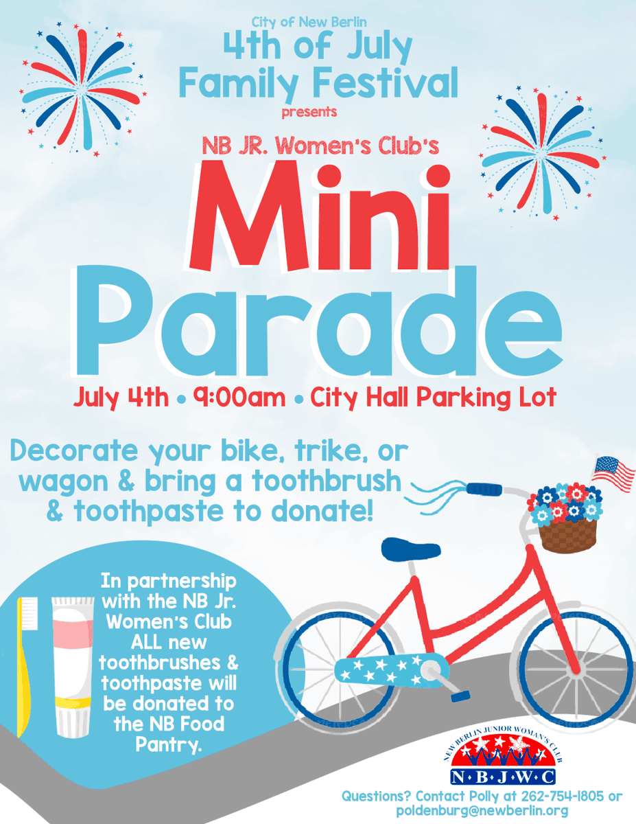 NBJrWomansClub's tweet photo. NBJWC is proud to sponsor the Mini-Parade during the 4th of July festivities. Kids 11 and under can decorate their bikes or wagons and parade around the City Hall parking lot. Line up at 9. Please bring toothpaste/toothbrushes for the NB Food Pantry. https://t.co/nTvZwWlcRM