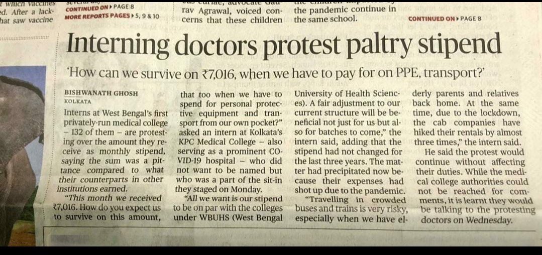 sakshijoshii's tweet photo. KPCMCH medical (interns) have been protesting saying their stipend is 7000 as compared to other govt colleges in Bengal where others get paid 28000
@MamataOfficial 
7k is peanuts. How can they survive like this? They have the right to Equal Pay @AITCofficial @derekobrienmp https://t.co/liCuwtXF1l