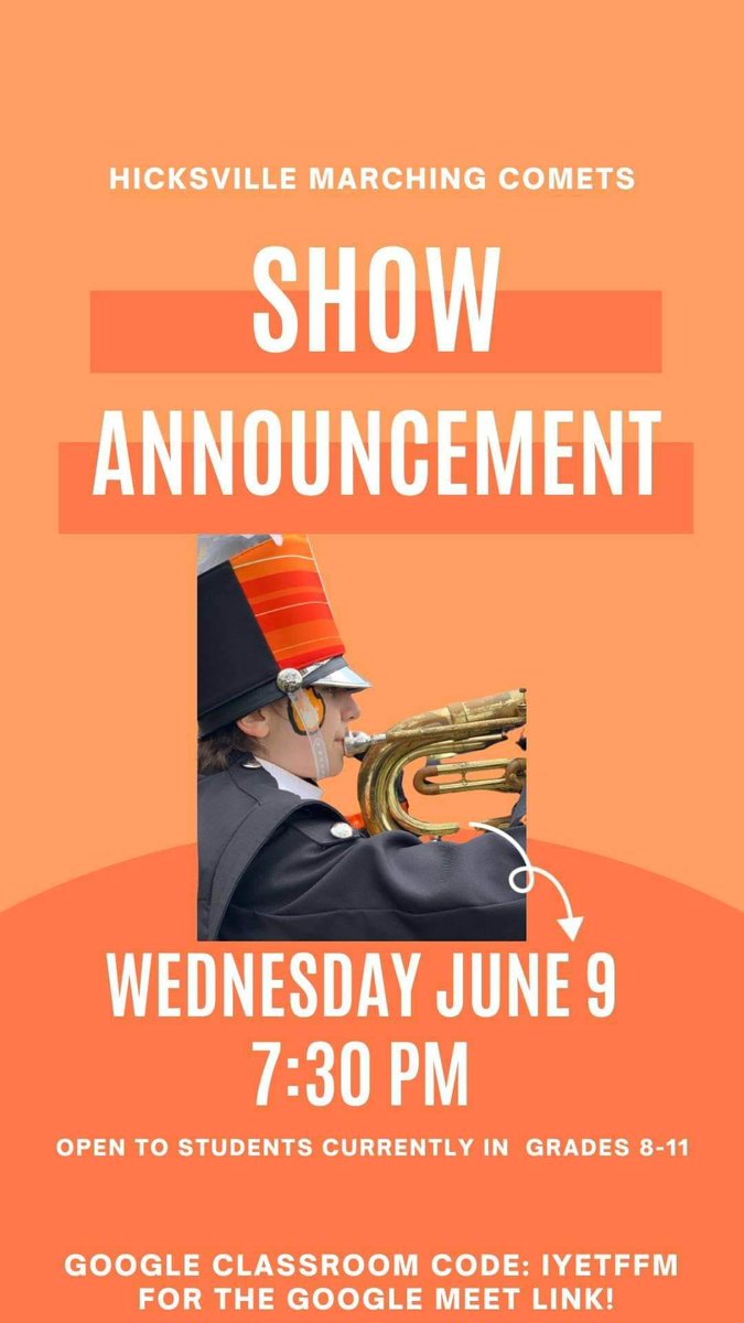 HicksMSPTSA's tweet photo. Attention 8th grade families! The HHS Marching Comets are recruiting for their upcoming marching band season. An info meeting is tonight, June 9 at 7:30pm. Use a Hicksville device to join the Google Classroom (see below) and get the Google Meet code.
Go Marching Comets! 🎶 https://t.co/aCUSslwEZJ