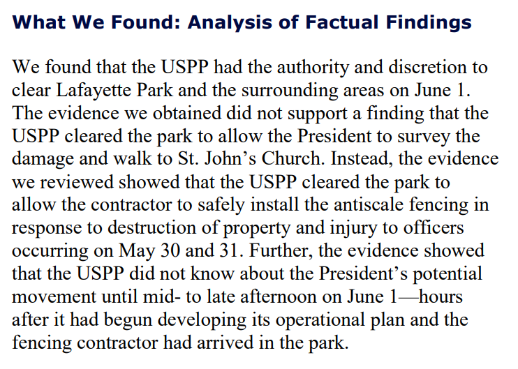 bradheath's tweet photo. The Interior Dep't Inspector General says police forced protesters from Lafayette Square last summer so contractors could install new fencing, not because Trump planned to visit. (This isn't entirely consistent with what DOJ has been arguing in court recently.) https://t.co/2fSwMzpNwM