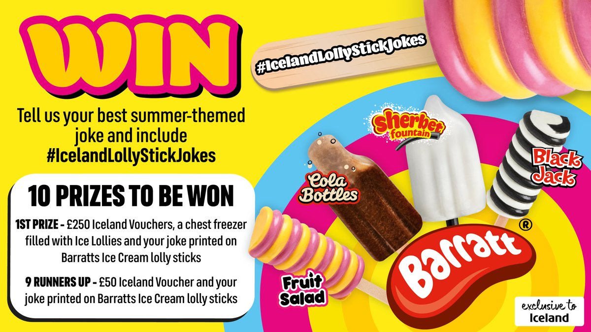 Have you entered our lolly stick joke competition yet? 🧊
<a href="/BarrattSweets/">Barratt Sweets</a>

Tweet us your original summer jokes NOW for a chance to #WIN. Make sure you follow us and use #IcelandLollyStickJokes so your entry counts! T&amp;Cs apply: Iceland.co.uk/terms

Good Luck! 🤪