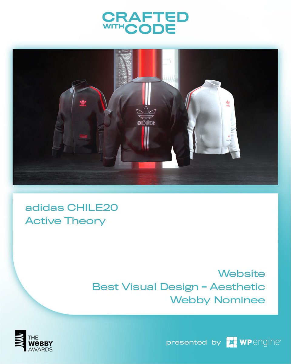 TheWebbyAwards's tweet image. When launching a new @adidas line, @active_theory needed to tell the unique story of the collection, while communicating the craft and quality of the clothes. Learn about the Webby-nominated project in #CraftedWithCode, presented by @wpengine: wbby.co/3cd9HY0