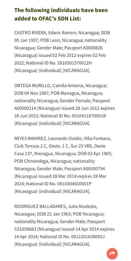 Nuevos sancionados por el Departamento de Estado de los Estados Unidos