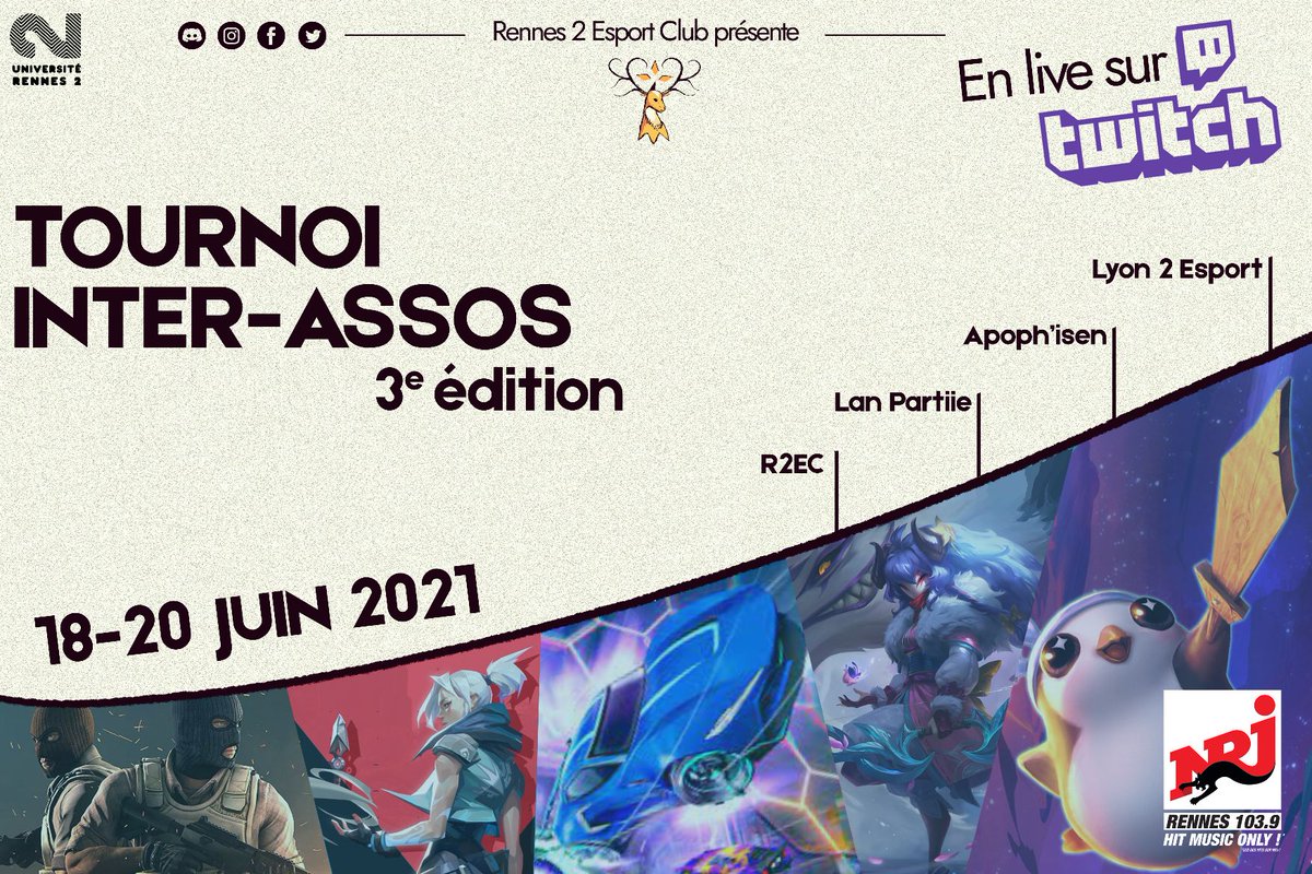 R2_EsportClub's tweet photo. ♦Tournoi Inter-Assos vs  Lyon 2 Esport, Apoph’isen (Lille) et Lan PartIIE (Evry) avec NRJ ♦

Au programme : CSGO, LoL, TFT, Valorant et Rocket League ! 

Restez à l'affût, le planning sort bientôt !

#gaming #jeuvideo #rennes2 #rennes #tournoi https://t.co/DnhQZunkHc