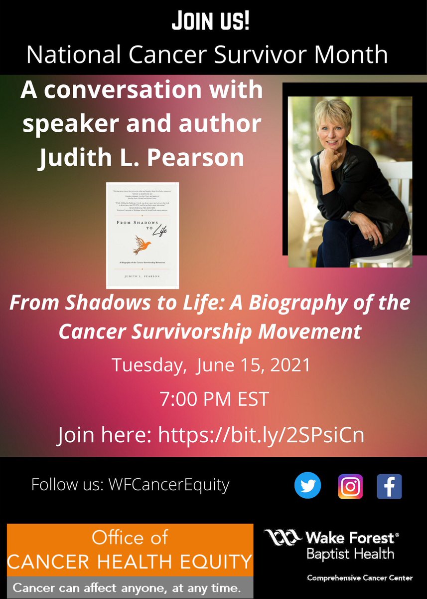 Atrium Health Community Outreach and Engagement (@wfcancerequity) on Twitter photo #NationalCancerSurvivorsMonth virtual event featuring <a href="/JudithPWrites/">Judith Pearson</a>. The conversation will be helpful for survivors, caregivers, providers, or anyone interested. Please register and join us: bit.ly/3yxoOoK <a href="/ConeHealth/">Cone Health</a> <a href="/AtriumHealth/">Atrium Health</a> #NationalCancerSurvivorsMonth virtual event featuring <a href="/JudithPWrites/">Judith Pearson</a>. The conversation will be helpful for survivors, caregivers, providers, or anyone interested. Please register and join us: bit.ly/3yxoOoK <a href="/ConeHealth/">Cone Health</a> <a href="/AtriumHealth/">Atrium Health</a>