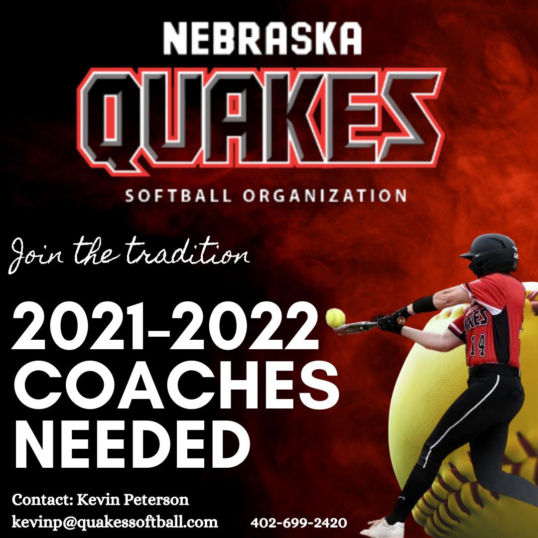 NEQuakesSB's tweet photo. We are looking for some amazing coaches to join our staff!! Interested?! 

Contact Kevin Peterson 
kevinp@quakessoftball.com
402-699-2420 https://t.co/Wa9whM9anw