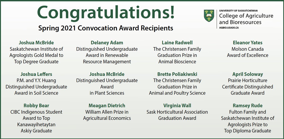 agbiousask's tweet image. Congrats 🎉 to our #USaskClassof2021 AgBio award recipients!