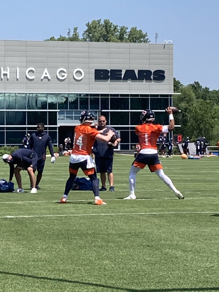 BradBiggs's tweet photo. Media viewing for #Bears OTA has concluded. Justin Fields with a couple nifty passes and one nice bomb. Struggled with center/QB exchanges. Andy Dalton picked off 3x total in 7-on-7 and team. https://t.co/Ngi6tuYJ32