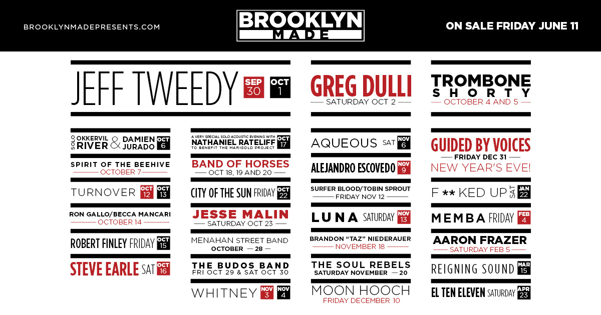 SponsorWFUV's tweet photo. WFUV is celebrating the opening of @bkmadepresents with a listener presale!
Use code "WFUV" at checkout for a chance to grab tix to shows including @JeffTweedy, @Tromboneshorty, @MrGregDulli, @NRateliff, and more before the public!
Get tix at: https://t.co/Dexbb7kLPT
#BKMade https://t.co/oitYPvnMpY