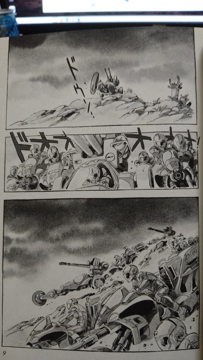 この、丘の上に一台出てきてからそれに伴って残りが出てきて丘を駆け下りてくる感じの流れとかさぁ。
大質量の車両が手前に押し迫ってくる感じとかさぁ。
BGオンリーに一発の銃声から、被害者、加害者、助けに来た主人公、野次馬、の全部が1カットにあって説明できる絵とかさぁ。 