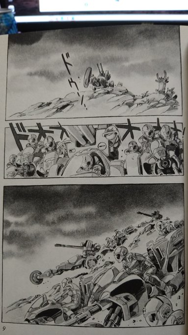 この、丘の上に一台出てきてからそれに伴って残りが出てきて丘を駆け下りてくる感じの流れとかさぁ。
大質量の車両が手前に押し迫ってくる感じとかさぁ。
BGオンリーに一発の銃声から、被害者、加害者、助けに来た主人公、野次馬、の全部が1カットにあって説明できる絵とかさぁ。 