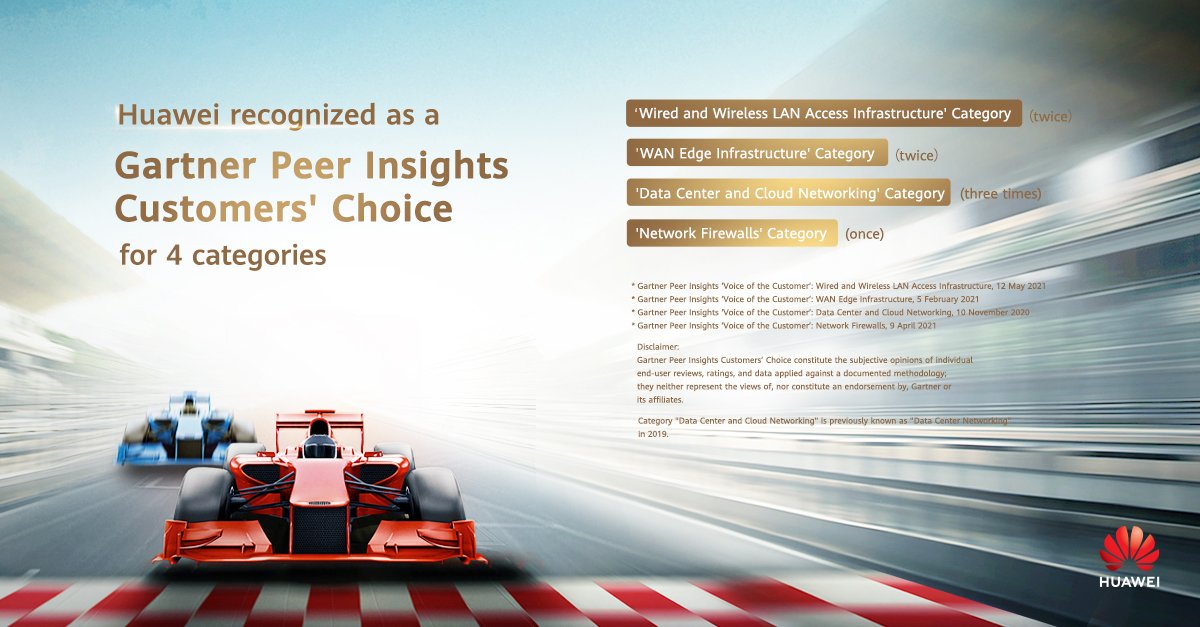 HuaweiPK's tweet image. #Huawei recognized as a #Gartner Peer Insights Customers’ Choice for 4 categories — &apos;Wired and Wireless LAN Access Infrastructure&apos;, &apos;WAN Edge Infrastructure&apos;, &apos;Data Center and Cloud Networking&apos;, and &apos;Network Firewalls&apos;. #IntelligentCloudNetwork Learn more: bit.ly/3vEQLZL
