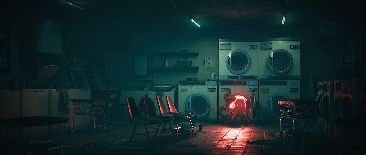 ArtStationHQ's tweet photo. Why you should never leave your wet clothes in the washer overnight 🐙 

“The Laundromat” by Cara Houghton @Carain3D. See the project animation here: https://t.co/wfZQcSLnAt 

Created with inspiration from “Dark Days : Laundry” by Sylvain Sarrailh @sylvainsarrailh 

#3D #UE4 https://t.co/21ILknPk1R