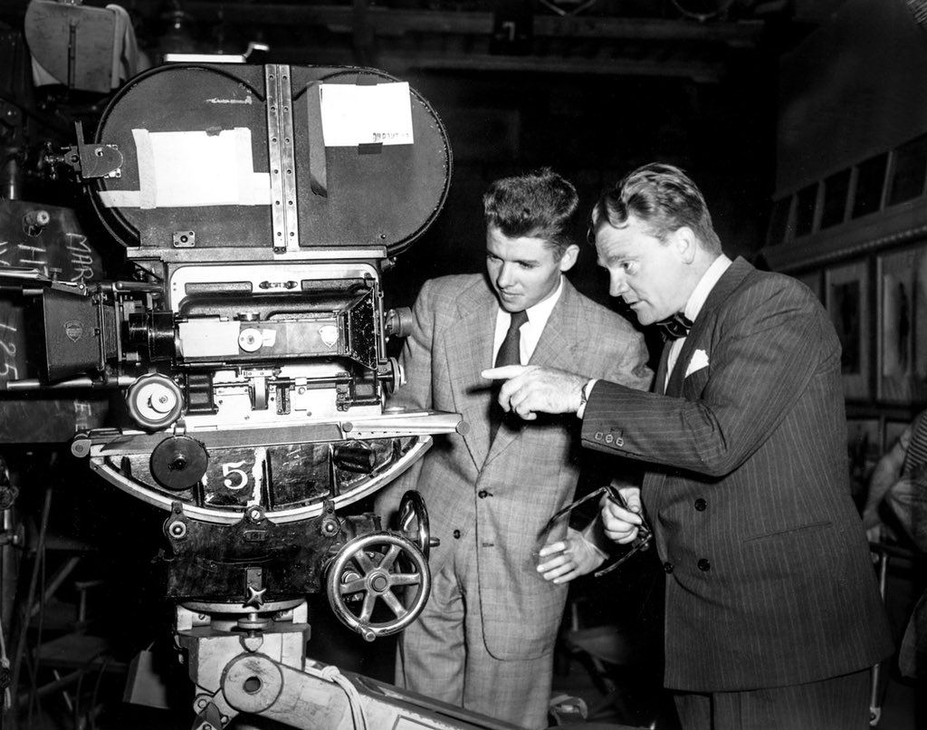 Audie Murphy visiting James Cagney on a Hollywood set, 1945
