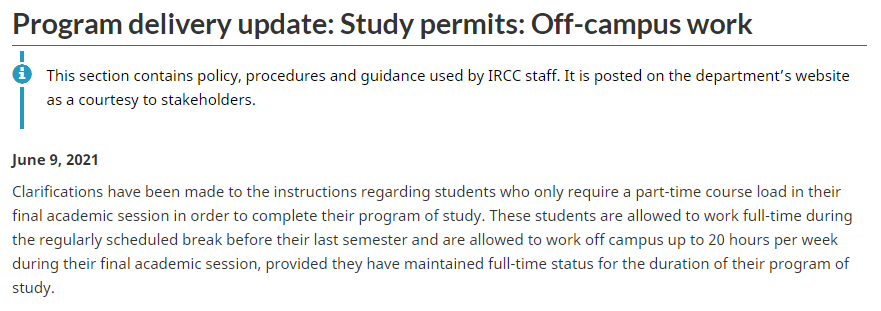smeurrens's tweet photo. IRCC clarifies that students who have maintained full-time status and only require a part-time course load in their final session can work full-time during the regularly scheduled break before their last semester. https://t.co/TDYFLWYLWo https://t.co/wJHwnHjXvz