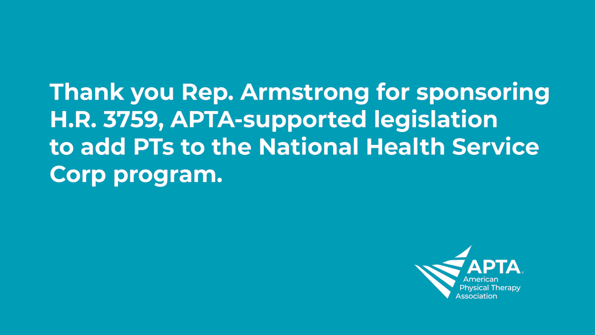 Thank you @RepArmstrongND for cosponsoring the Physical Therapist Workforce &amp; Patient Access Act (H.R. 3759).  Adding PTs to NHSC is critical to fighting the opioid epidemic &amp; recovery from long COVID in rural and underserved areas. #PTAdvocacy bit.ly/3pATVvg