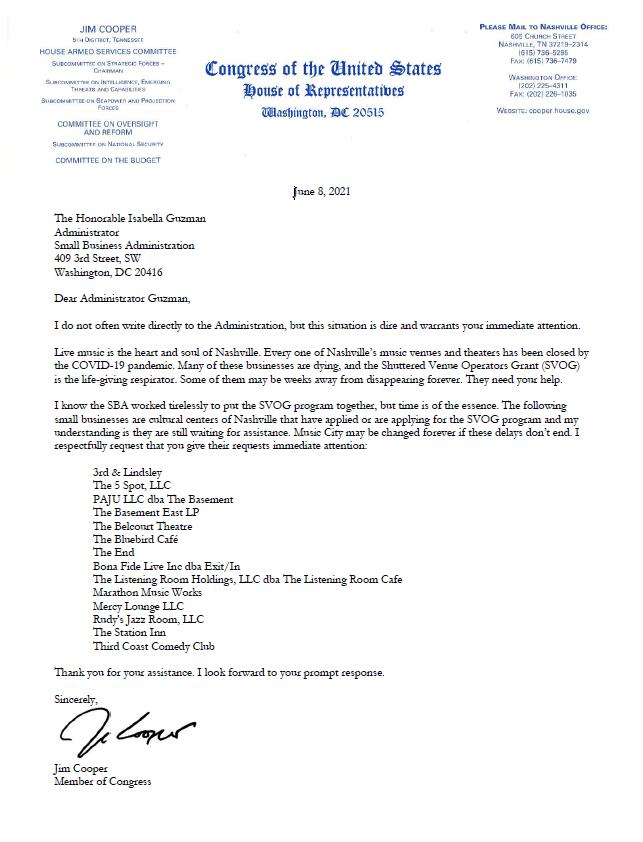 Nashville’s live music venues & theaters are in dire need of help through the Shuttered Venues Operators Grant program. I’ve urged the @SBAgov Administrator to immediately expedite the applications of our cultural centers. Music City can’t lose these treasures.