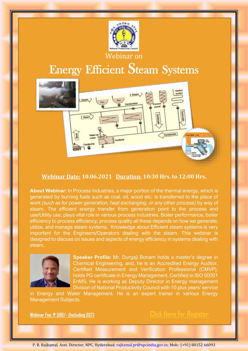 NPC_INDIA_GOV's tweet photo. @NPC_INDIA_GOV presents webinar on "Energy Efficient Steam Systems"
Date & Time: 10-06-2021 (10:30 AM to 12:00 PM)
To Register: https://t.co/AyPzypBYmN
Fee: Rs 590/-
Contact: rajkamal.pr@npcindia.gov.in, 80152 66093
#npcindia #happylearning #energyefficient #steamsystems #online https://t.co/175smWdwM4
