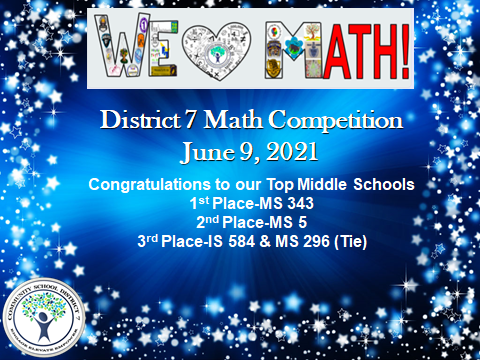 Csd7Bx's tweet photo. Today we had our first annual We Love Math competition.  Students engaged in fluency, visual math and problem solving activities.  Congratulations to all our D7 scholars and their teachers. https://t.co/Nodx6mChnQ