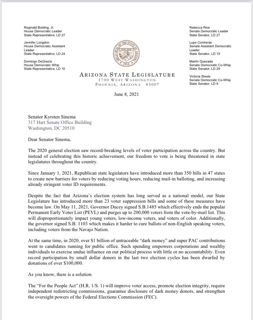 AZHouseDems's tweet image. “We are calling upon you with respect and urgency to stand up in this crucial moment for our state and for our country and make the promise of our democracy real for us all.” — House &amp;amp; Senate Dem members urge @SenatorSinema to reform the filibuster &amp;amp; pass the #ForthePeopleAct.