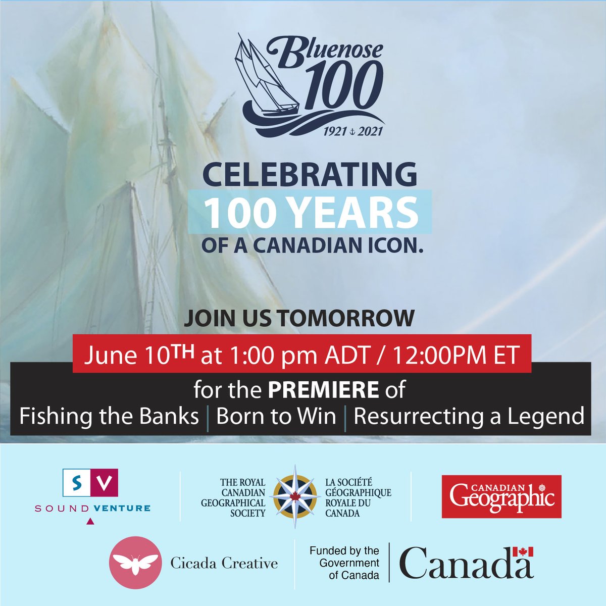 Join us tomorrow, June 10th at 1:00 pm ADT / 12 pm ET for the premiere of 'Fishing the Banks', 'Born to Win' &amp; 'Resurrecting a Legend'.
Streaming on Facebook Live &amp; the Bluenose 100 YouTube channel.
Links below: 
mailchi.mp/40ed7f7121c7/b…

<a href="/Bluenose_100/">Bluenose 100</a> <a href="/RCGS_SGRC/">Royal Canadian Geographical Society</a>  <a href="/CicadaCreative/">Cicada Creative</a>