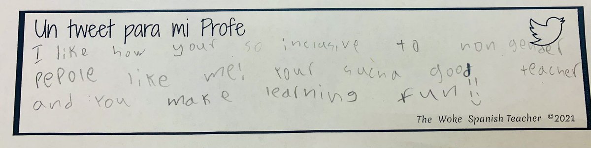 TWSteacher's tweet photo. One of my non-binary students in 3rd grade wrote this today #langchat  they care and it matters! #earlylang #pride #pronounsmatter #nonbinarylanguage #ProtectTransKids #lenguajenobinario #TransIsBeautiful https://t.co/BoCel9d0sU