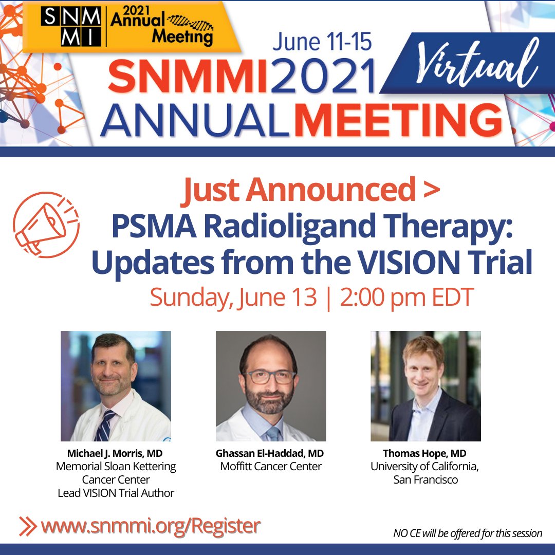 #SNMMI21 Late-Breaking Session Panelists Added! “PSMA Radioligand Therapy: Updates from the VISION Trial.” The Phase 3 #VISIONTrial is evaluating the efficacy of 177Lu-PSMA-617 (LuPSMA) in the treatment of patients with PSMA-positive metastatic castrate-resistant prostate cancer.