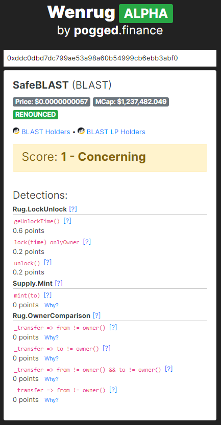 mub3964's tweet photo. #rugpull #BSCGEM #BSCGEMS #altcoins #BinanceSmartChain #DYOR #bscscan #POG

https://t.co/hi2AYYTqvg's Anti-Rugpull Code-Scanner (a live dApp) is a handy tool for DYOR.

Just enter the BSC contract &amp; scan the code vulnerabilities, along with explanations (see attached for e.g.) https://t.co/YXhbij1gxf