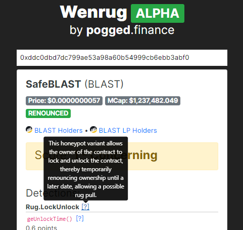 mub3964's tweet photo. #rugpull #BSCGEM #BSCGEMS #altcoins #BinanceSmartChain #DYOR #bscscan #POG

https://t.co/hi2AYYTqvg's Anti-Rugpull Code-Scanner (a live dApp) is a handy tool for DYOR.

Just enter the BSC contract &amp; scan the code vulnerabilities, along with explanations (see attached for e.g.) https://t.co/YXhbij1gxf