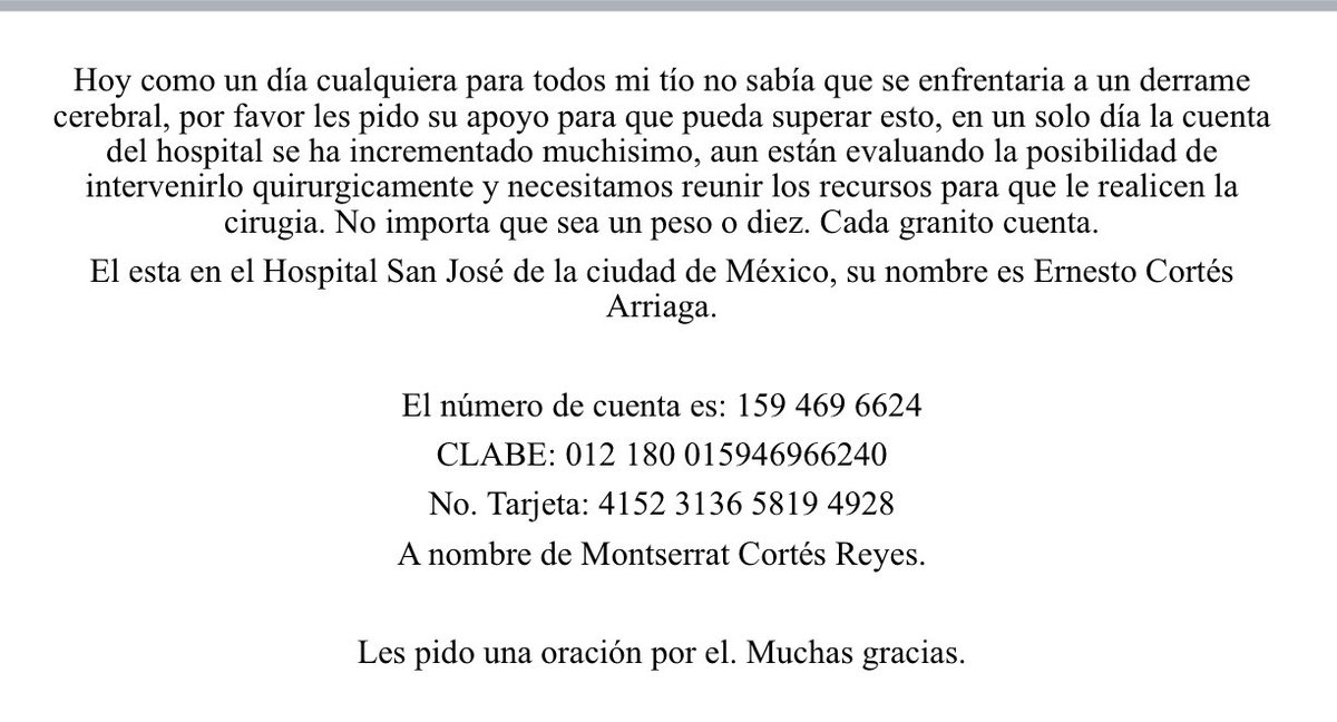 Nunca pensé que algún día nos podría pasar. Por favor les pido una oración y si en sus posibilidades esta ayudarnos se los agradeceremos infinitamente, el tiene un negocio y es súper trabajador, sin embargo la pandemia le afectó económicamente y no cuenta con SGMM ni IMSS. 😪